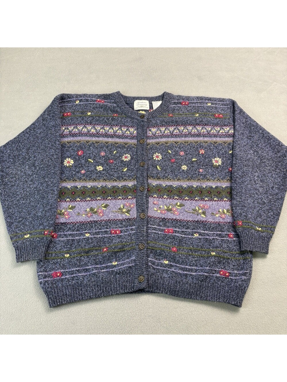 Vintage Northern Treasure Floral Flower Wool Blend Cardigan Sweater Size Large